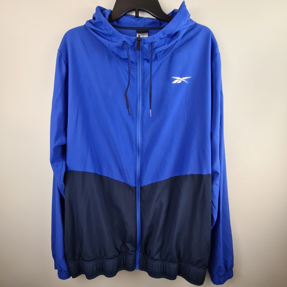 Reebok Mens Purple Blue Colorblock Full Zip Hooded Windbreaker Jacket XL Track